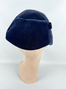 Original 1950's Dark Blue Fur Felt Hat with Bead and Sequin Trim *