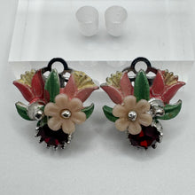 Load image into Gallery viewer, Original 1950&#39;s Mid Century Enamel Flowers Earrings with Red Paste
