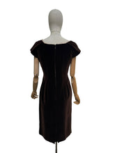 Load image into Gallery viewer, Original 1950's Slimuette Dark Brown Cotton Velvet Wiggle Dress with Hip Drape - Bust 34
