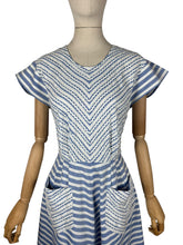 Load image into Gallery viewer, Original 1950's Blue and White Cotton Day Dress with Pockets and Ric Rac Trim - Bust 36 *
