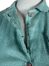 Load image into Gallery viewer, Original 1930's Wounded But Wearable Pale Green Bed Jacket with Pink Glass Buttons - Bust 32

