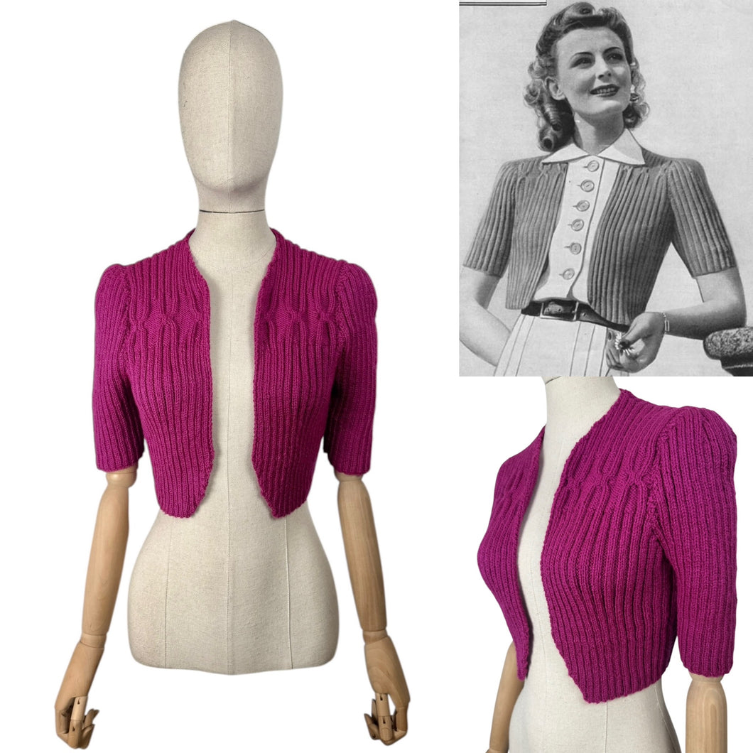 1940's Reproduction Hand Knitted Bolero in Boysenberry Pink Acrylic - Bust 32 34 36 *