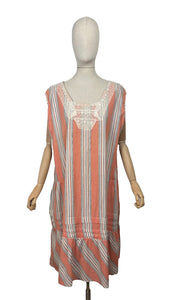 Original 1920's Volup Stripe Cotton and Lace Dress in White, Black and Orange - Bust 46