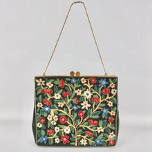 Load image into Gallery viewer, Original 1950&#39;s Black Needlepoint Bag with Red, Green, Blue and Cream Embroidery
