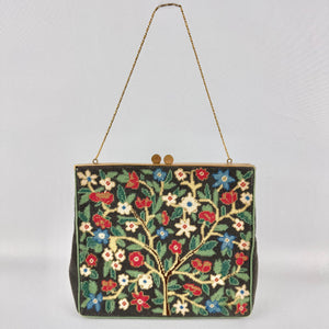 Original 1950's Black Needlepoint Bag with Red, Green, Blue and Cream Embroidery