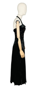 Original 1950’s Black Velvet Halterneck Full Length Evening Dress with Beaded Bodice - Bust 32 33