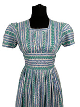 Load image into Gallery viewer, Original 1940&#39;s Petite Fit Textured Cotton Stripe Dress in Green, Pink, Blue and White - Bust 34 *
