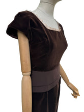 Load image into Gallery viewer, Original 1950's Slimuette Dark Brown Cotton Velvet Wiggle Dress with Hip Drape - Bust 34
