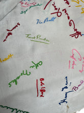 Load image into Gallery viewer, Original 1940&#39;s 1948 Dated White Artificial Silk Scarf with Vibrant Embroidered Signatures
