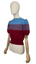 Load image into Gallery viewer, Reproduction 1940&#39;s Striped Jumper in Ruby Red and Niagra Blue with Full Puff Sleeves - Bust 34 36
