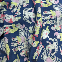 Load image into Gallery viewer, Original 1930’s 1940’s Blue, Pink and Green Pure Silk Scarf Featuring Snow White’s Seven Dwarfs Playing Instruments
