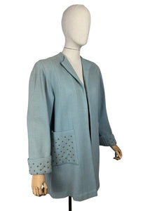 Original 1940's Wool Jacket in Soft Blue with Studded Cuffs and Pockets - Bust 36 38