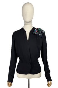 Original 1940's Black Crepe Jacket with Vibrant Crepe Bow Trim - Bust 36 38