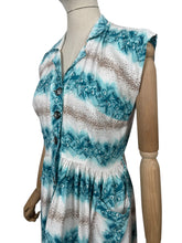 Load image into Gallery viewer, Original 1950&#39;s Floppy Cotton Day Dress in White, Brown and Turquoise Blue - Bust 36

