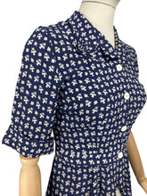 Load image into Gallery viewer, Original 1940’s Navy and White Crepe Novelty Print Jacket with Baskets and Flowers - Bust 33 34 *

