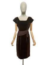 Load image into Gallery viewer, Original 1950's Slimuette Dark Brown Cotton Velvet Wiggle Dress with Hip Drape - Bust 34
