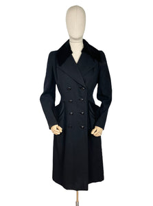 Original 1940's Zissman Model Black Wool Double Breasted Princess Coat with Velvet Collar and Pocket Detail - AS IS - Bust 38