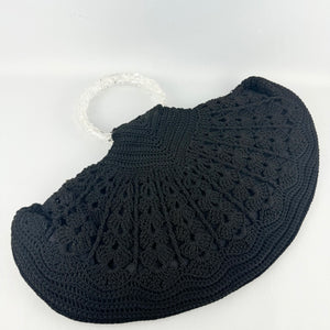 Original 1940's Large Black Crochet Fan Handbag with Double Lucite Handles