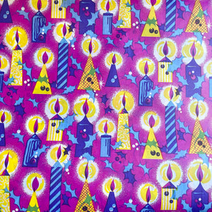 Original Vintage Colourful Christmas Wrapping Paper - Pink Base with Holly and Pretty Flaming Candles