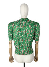 Load image into Gallery viewer, 1940&#39;s Reproduction Christmas Blouse In Green, White and Red Michael Miller Cotton &#39;Corny Cane&#39; - Bust 34&quot; 36&quot;
