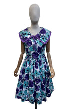 Load image into Gallery viewer, Original 1950's Vibrant Cotton Day Dress in Purple, Blue and White - Bust 36
