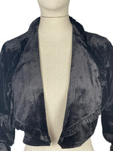 Load image into Gallery viewer, Vintage 1970&#39;s does 1930&#39;s Black Cotton Velvet Cropped Jacket with Frilled Edge Collar - Bust 34&quot; *
