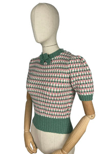 Reproduction 1940's Waffle Stripe Jumper in Slate Green, Pale Pink and White - Bust 33 34 35