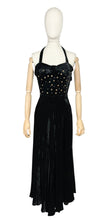 Load image into Gallery viewer, Original 1950’s Black Velvet Halterneck Full Length Evening Dress with Beaded Bodice - Bust 32 33
