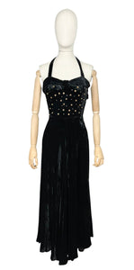 Original 1950’s Black Velvet Halterneck Full Length Evening Dress with Beaded Bodice - Bust 32 33