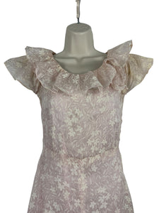 Original 1930's Pale Pink and White Full Length Evening Dress with Ruffle Trim - Bust 32