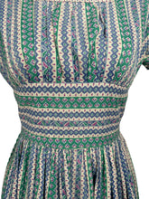 Load image into Gallery viewer, Original 1940&#39;s Petite Fit Textured Cotton Stripe Dress in Green, Pink, Blue and White - Bust 34 *
