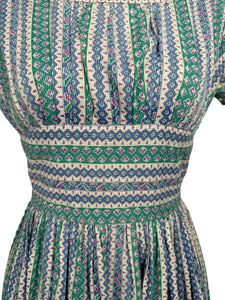 Original 1940's Petite Fit Textured Cotton Stripe Dress in Green, Pink, Blue and White - Bust 34 *