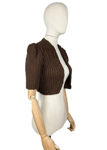 1940's Reproduction Hand Knitted Bolero in Dark Brown Acrylic - B34 36 38 40