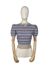 Load image into Gallery viewer, Reproduction 1940&#39;s Waffle Stripe Jumper with Bow Neck in Beige, Purple, Blue, Pink and Grey - Knitted from a Wartime Pattern - Bust 34 36
