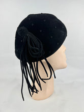 Load image into Gallery viewer, Original 1950's Stylish French Black Felt Hat with Polka Dots and Tassel Trim by Isaure PARIS
