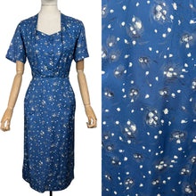 Load image into Gallery viewer, Original 1950's Blue Silk Wiggle Dress with Floral Print in White and Black - Bust 36 *
