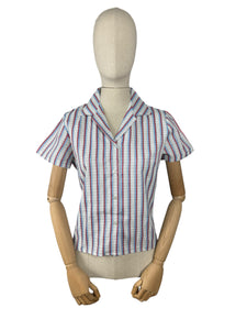 Original 1950's Deadstock White Cotton Blouse with Red, Blue and Black Stripes by Lewis - Bust 34"