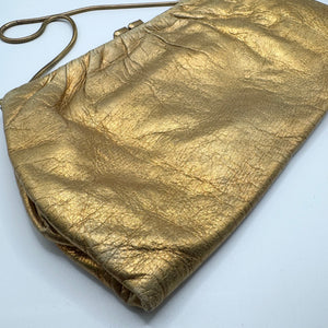 Original 1950's Soft Gold Leather Evening Bag with Snake Chain and Clear Paste Set Clasp