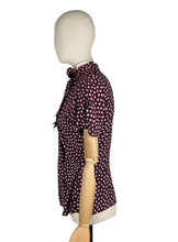 Load image into Gallery viewer, Original 1940's Pure Silk Novelty Print Swan Blouse in Burgundy and White with Bow Tie at Neck - Bust 34
