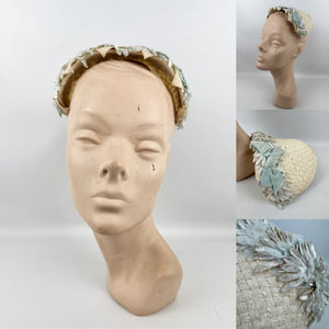 Original 1950's Ice Blue and Ivory Lacquered Raffia Half Hat with Petal Trim and Velvet Bow
