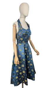 Original 1950's Blue and Gold Halterneck Cocktail Dress - Bust 36 37 *