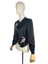 Load image into Gallery viewer, Original 1930’s Inky Black Silk Evening Jacket with Pink and Green Floral Embroidery - Bust 34 35

