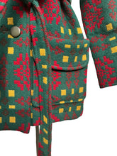 Load image into Gallery viewer, 1960's or 1970's Welsh Wool Tapestry Belted Coat in Green, Red and Yellow - Bust 34

