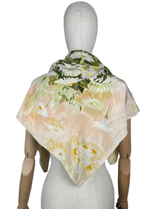 Original 1950’s Jacqmar Pure Silk Scarf with Marguerite Daisies in Blush, Green and White