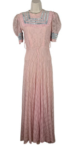 Original 1930's Pretty Pink and Blue Lace Full Length Belted Evening Dress - Bust 30 32