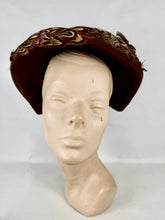 Load image into Gallery viewer, Original 1940's Brown Felt Bonnet Hat with Bird and Pheasant Feather Trim *

