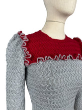 Load image into Gallery viewer, 1940s Reproduction Long Sleeved Jumper in Cherry Red and Light Grey with Frill Trim - Bust 34 36
