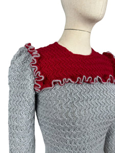 1940s Reproduction Long Sleeved Jumper in Cherry Red and Light Grey with Frill Trim - Bust 34 36