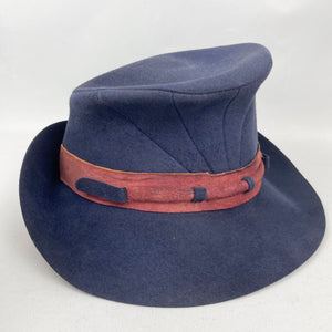 Original 1930’s 1940’s Blue Felt Tilt Fedora Hat with Pretty Rust Suede Trim *