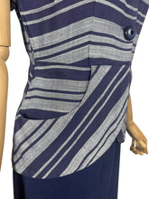 Load image into Gallery viewer, Original 1940's Navy Blue and Grey Linen Stripe Day Dress - Bust 36
